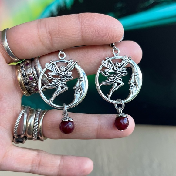 Set ! Fairy moon red garnet gemstones beads necklace + matching earrings boho - Picture 5 of 10